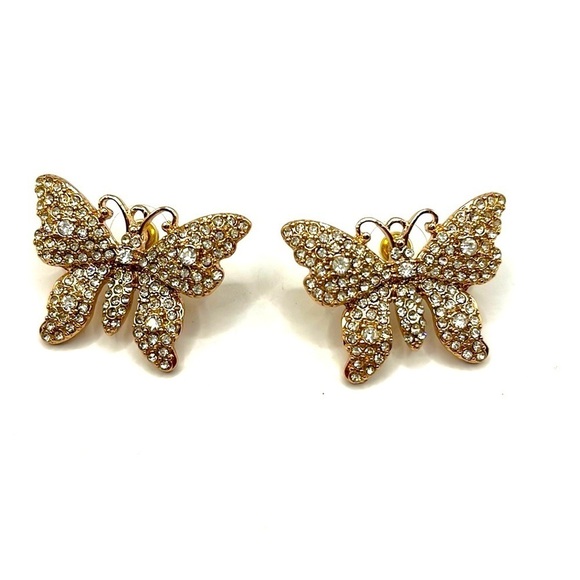 Butterfly sparkling earrings Gold Tone Rhinestones Large Pierced stud Earrings - Picture 1 of 11